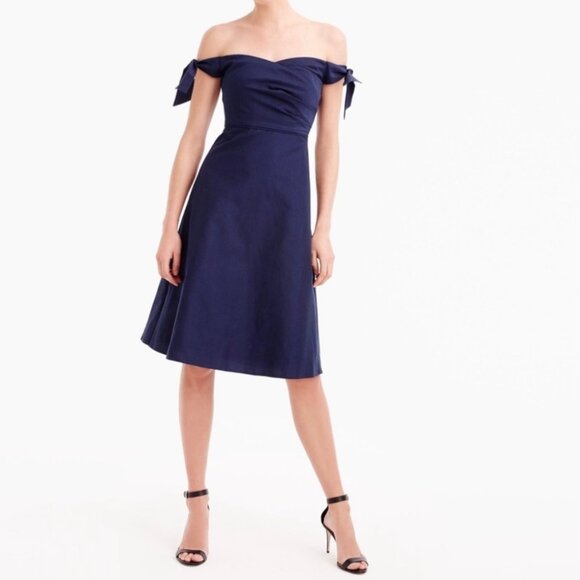 J Crew Womens Off Shoulder Faille Dress Tie Bow Straps Navy Blue G3469 size 14 - Picture 1 of 15